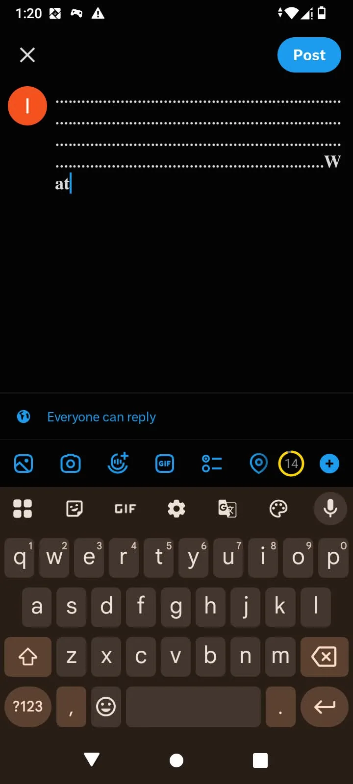 X post composer ending in styled Watch This with the character counter reading 14