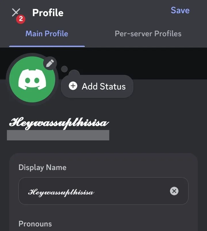 A Discord display name where a 26 letter cursive name was trimmed to 16 letters, showing Discord counts each cursive character twice