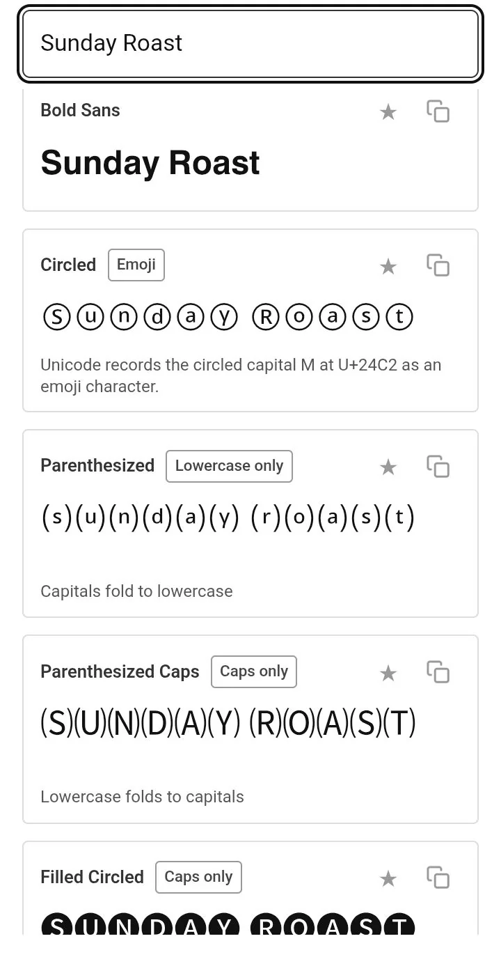The Fonti Facebook font generator on a Redmi A2+ showing Bold Sans, Circled, Parenthesized, Parenthesized Caps and Filled Circled rendered in Sunday Roast