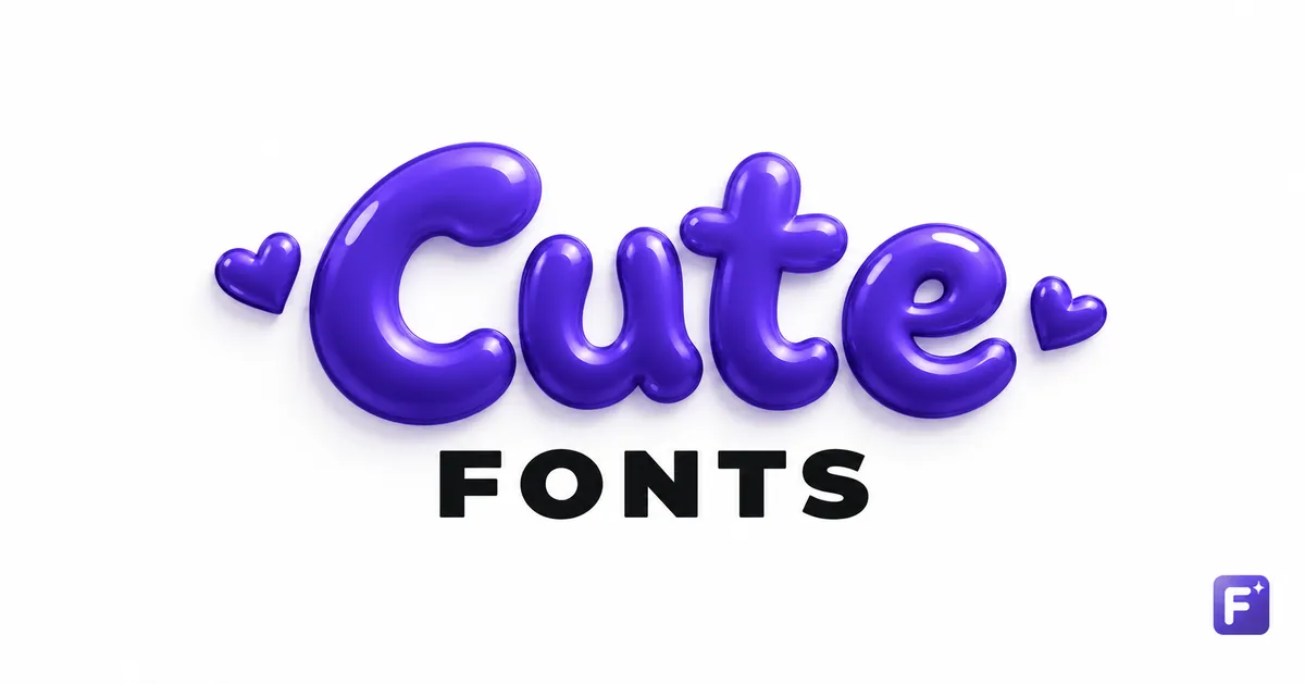 Purple Cute Fonts lettering with heart shapes and the Fonti mark.