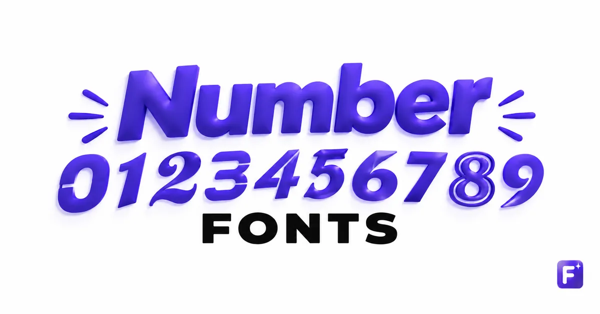 Purple Number Fonts lettering above the digits 0 to 9, with the Fonti mark.