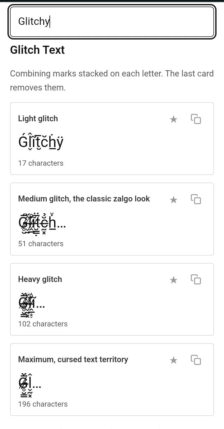 Glitchy in the Light, Medium, Heavy and Maximum settings on a phone, with the character count under each card