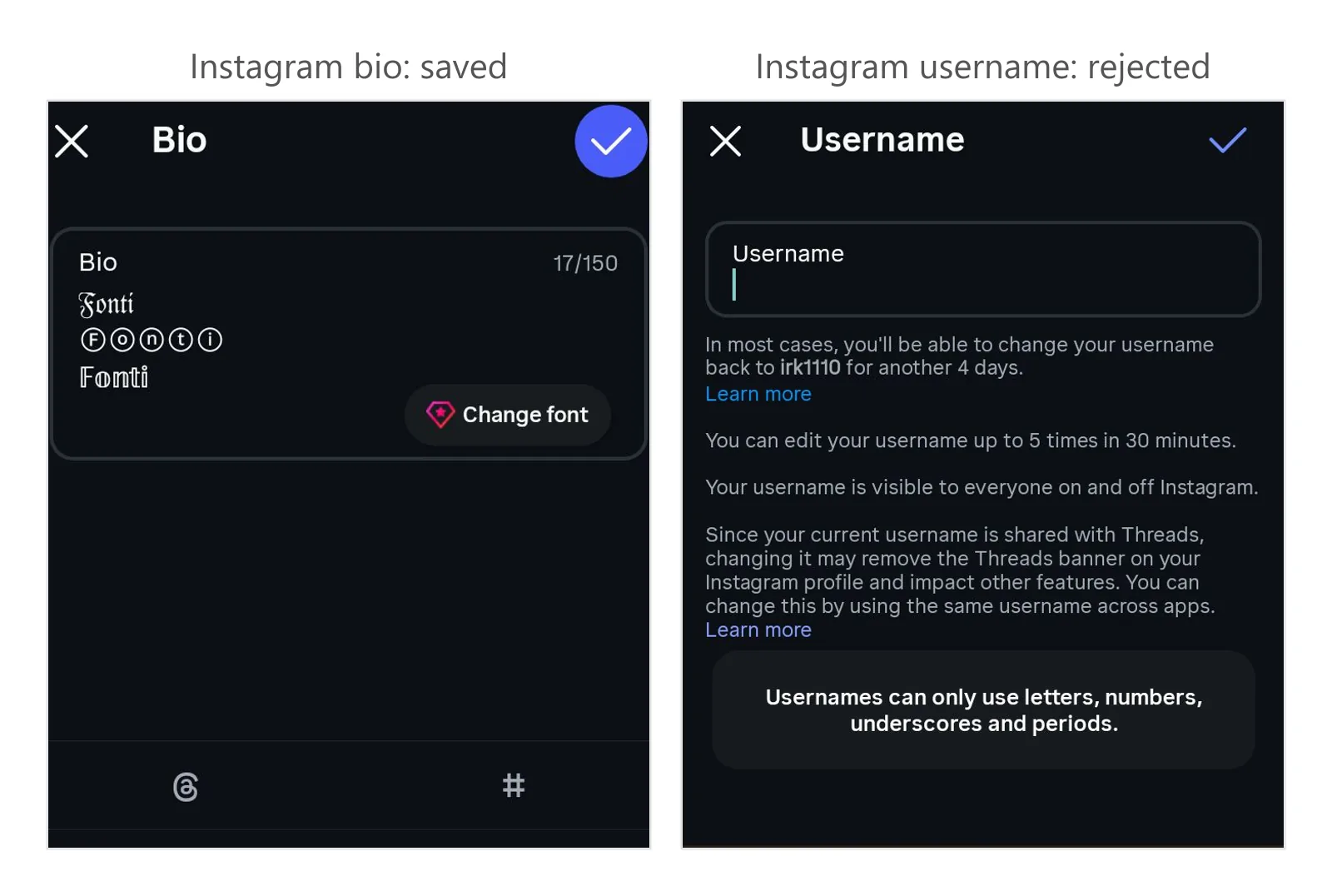 Instagram Bio with three styled lines saved at 17 of 150 beside Username refusing styled characters.