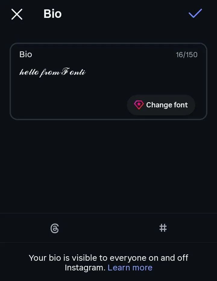 Instagram bio field holding script style text with the counter showing 16 of 150