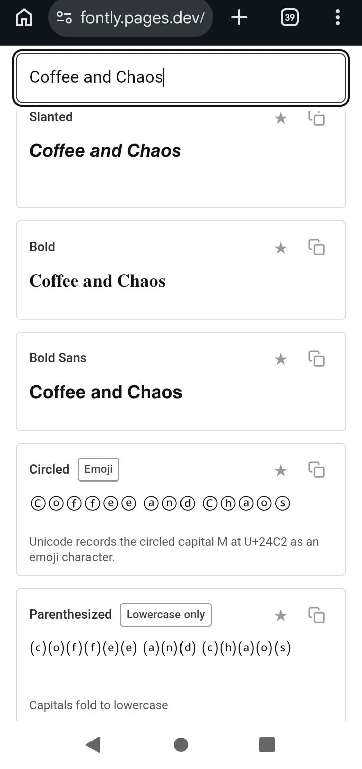 The Fonti Instagram font generator on a Redmi A2+ showing Slanted, Bold, Bold Sans, Circled and Parenthesized rendered in Coffee and Chaos without empty boxes