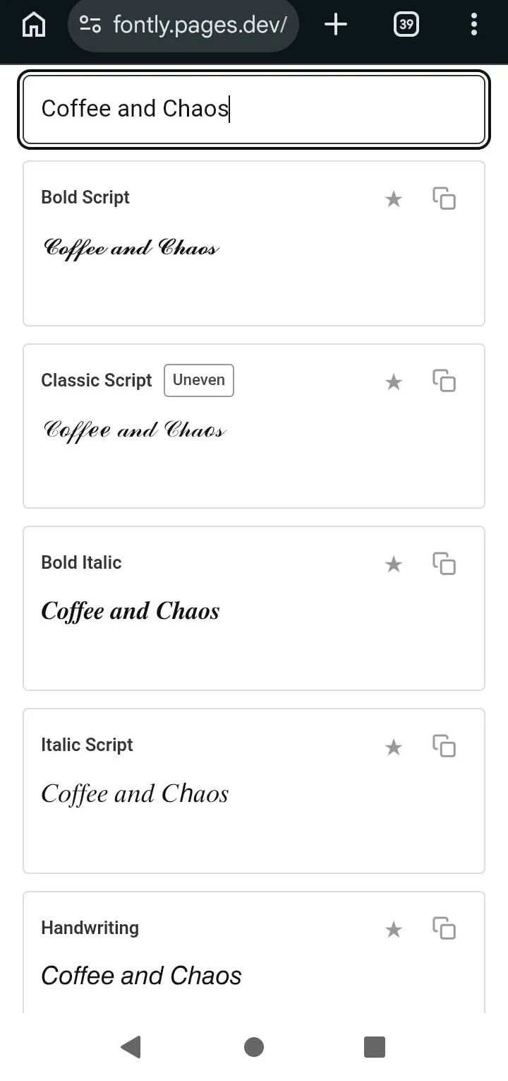 The Fonti Instagram font generator on a Redmi A2+ showing Bold Script, Classic Script, Bold Italic, Italic Script and Handwriting rendered in Coffee and Chaos without empty boxes