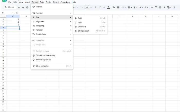 Google Sheets Format then Text submenu showing only Bold, Italic, Underline and Strikethrough