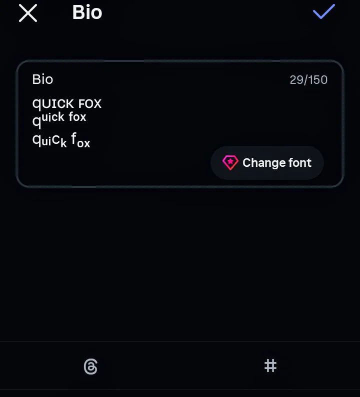 Instagram Bio editor showing Small Caps, Superscript and Subscript from Fonti without empty boxes on a Redmi A2+