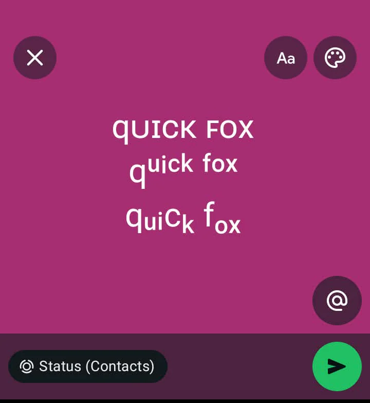 WhatsApp Status composer showing Fonti’s three small text styles without empty boxes on a Redmi A2+