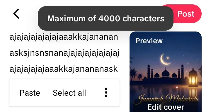 The TikTok caption composer on a Redmi A2+ showing the notice that reads Maximum of 4000 characters