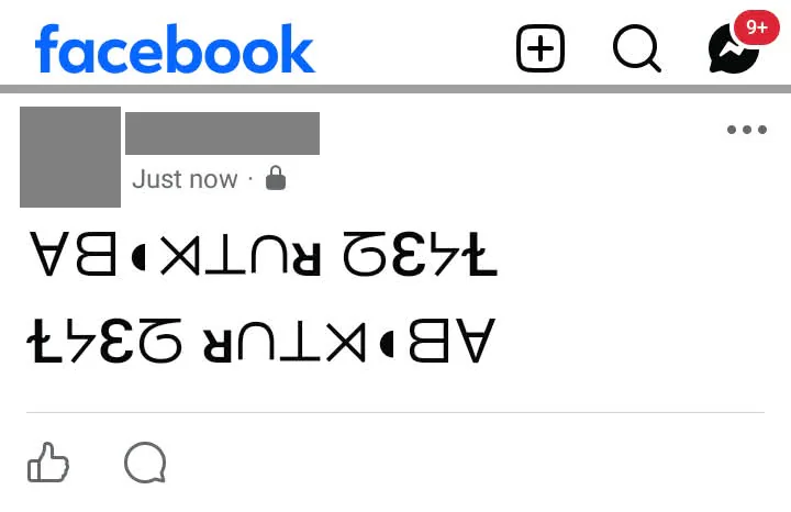 A private Facebook post showing both flipped text modes without empty boxes