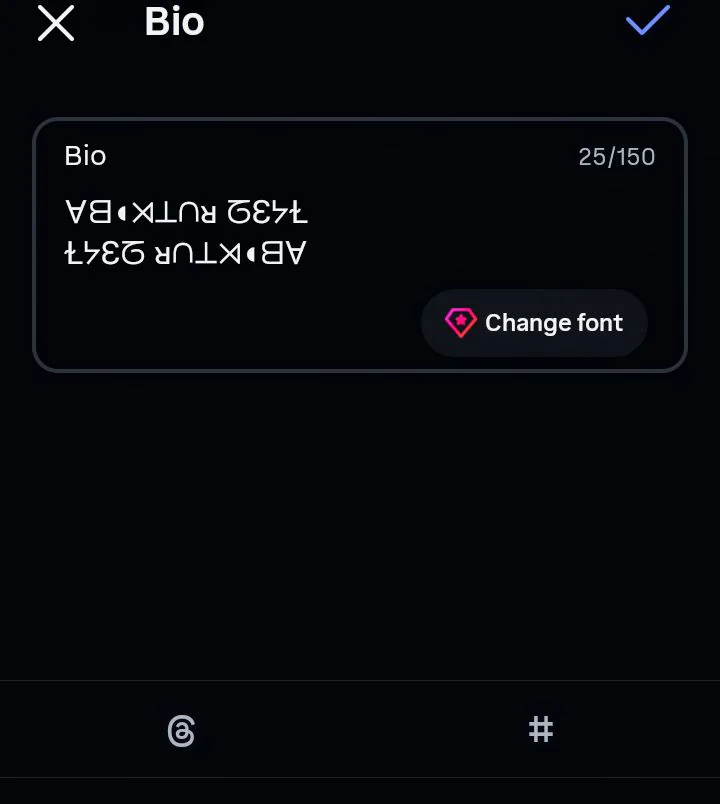 Instagram Bio editor showing both flipped text modes without empty boxes and a 25 of 150 character count